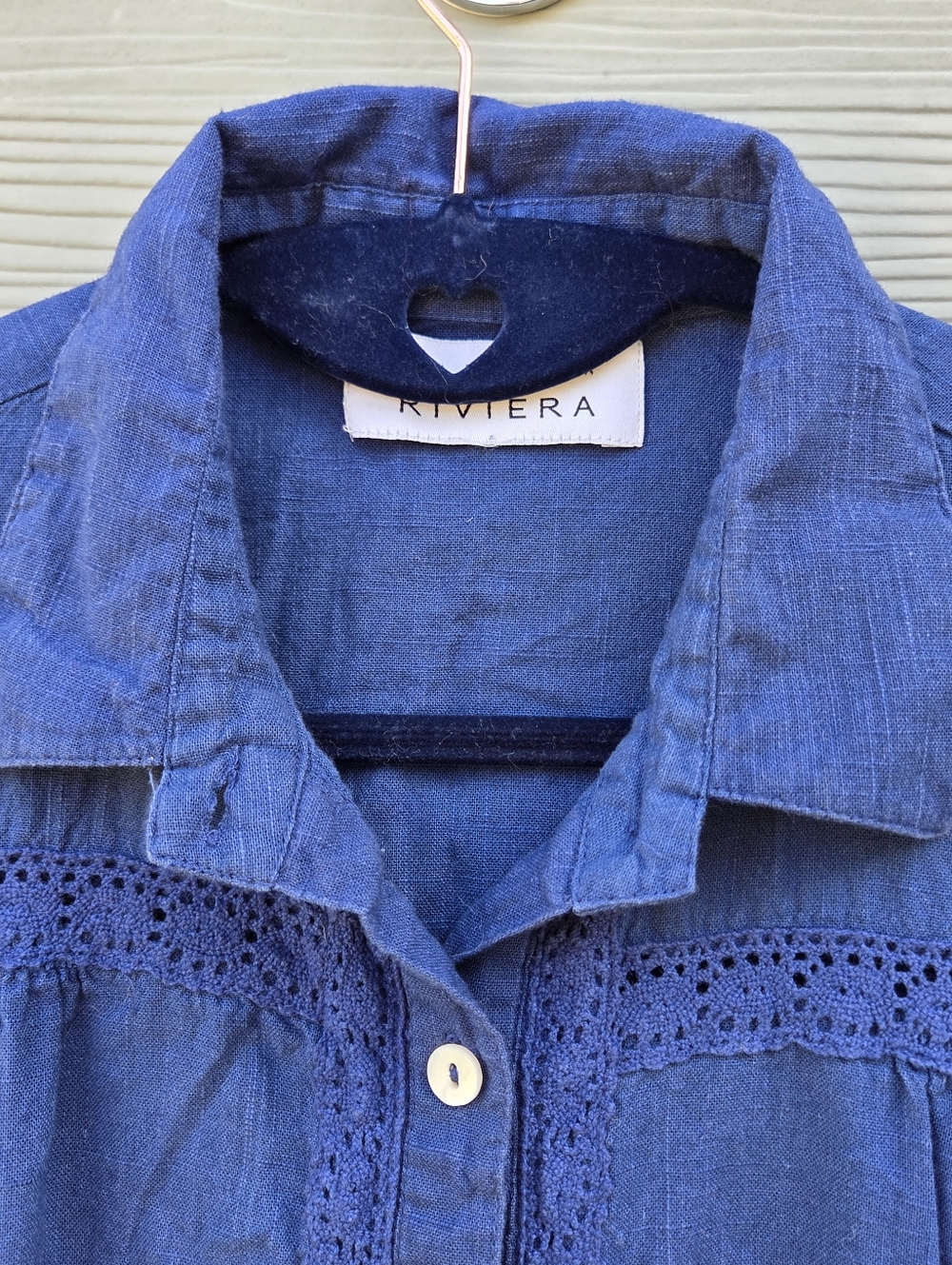 Margaux Riviera Blue Viscose Shirt Dress Eyelet Lace Trim Button Front Sz M/L - Picture 2 of 9